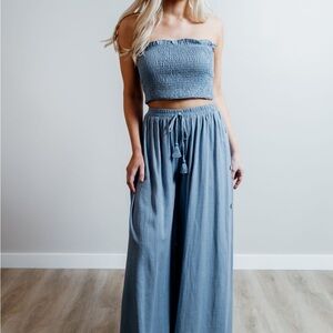 Blue 2 piece Palazzo Wide Leg Pants and Top Set - Size L